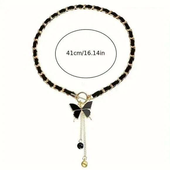 Elegant Black Butterfly Pendant Necklace with Tassel Charm - Picture 3 of 3